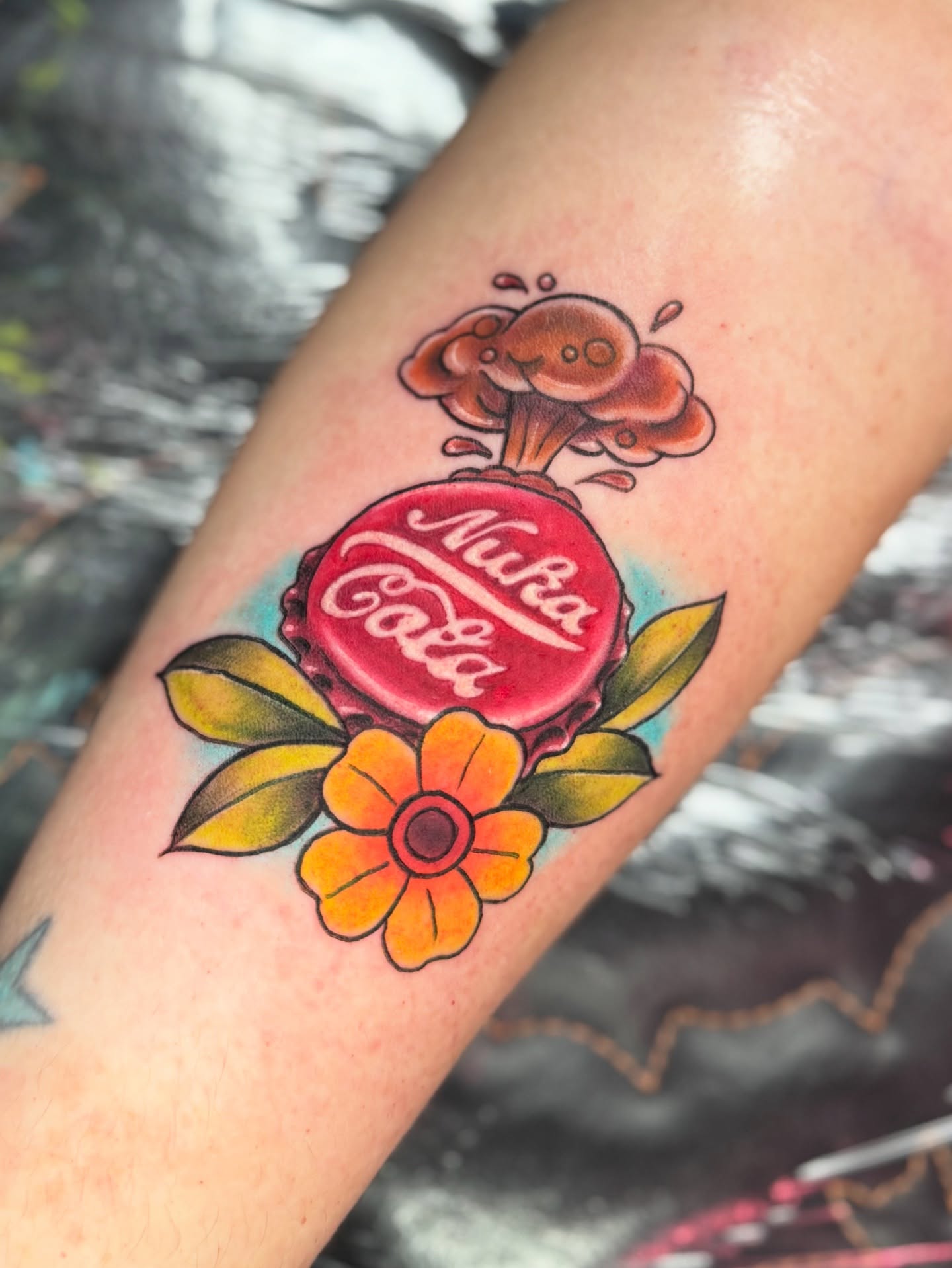 Nuka cola cap American traditional tattoo on the forearm by Breanna B