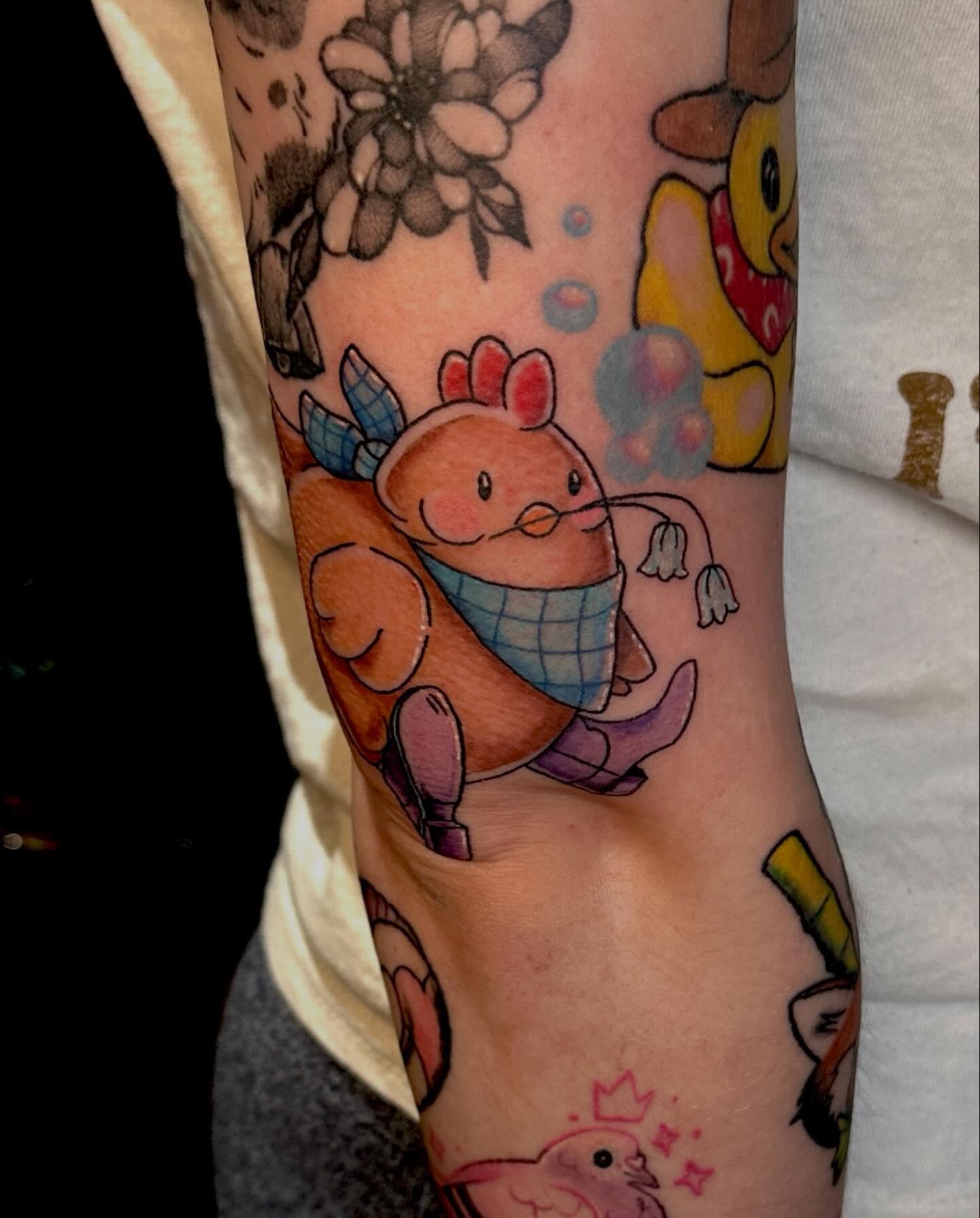 Chicken new school tattoo on the forearm by Alexandrea Arendell