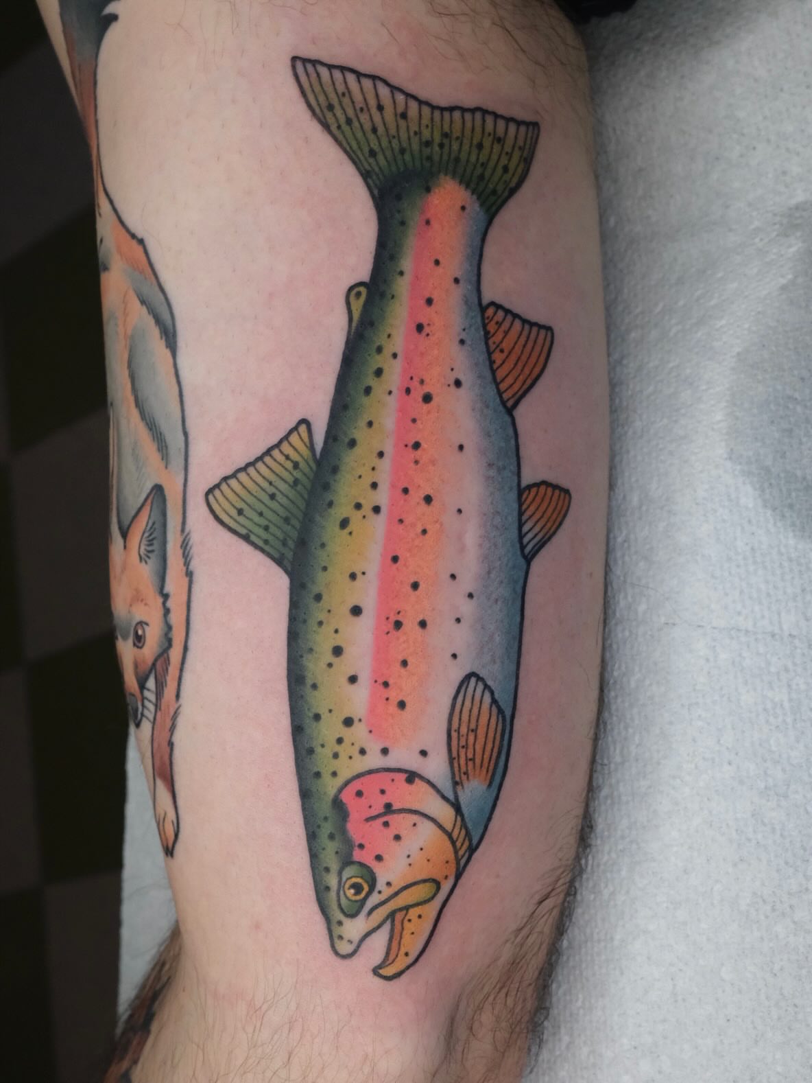 Rainbow trout dotwork tattoo on the forearm by James Maxwell
