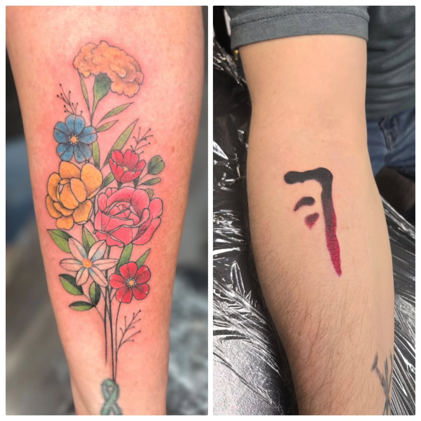 Floral bouquet watercolor tattoo on the forearm by Britty Love, Nashville, Tennessee
