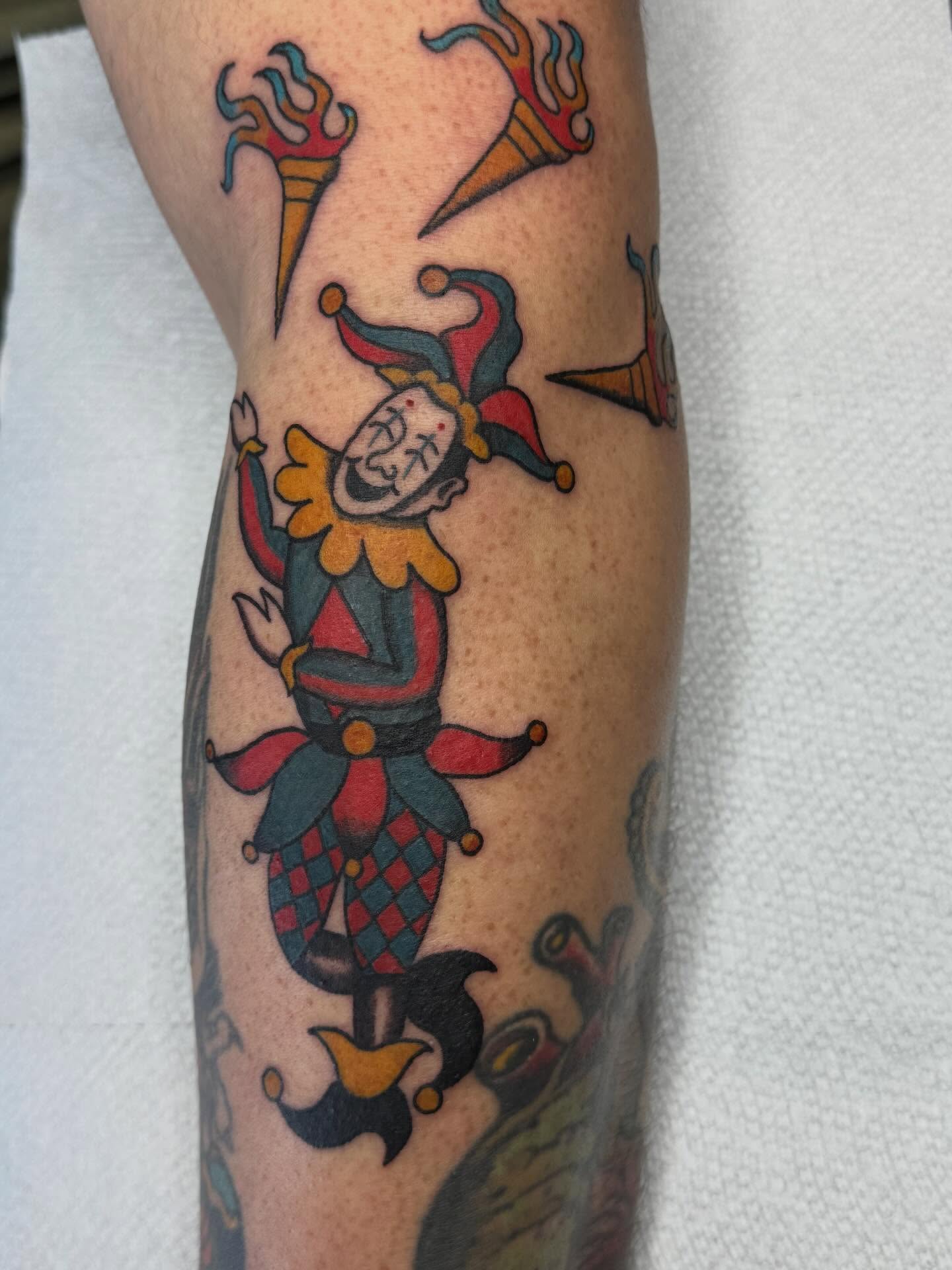 Jester American traditional tattoo on the forearm by 🌛 𐌀𐌋𐌄𐋄𐌉𐌔 🌜