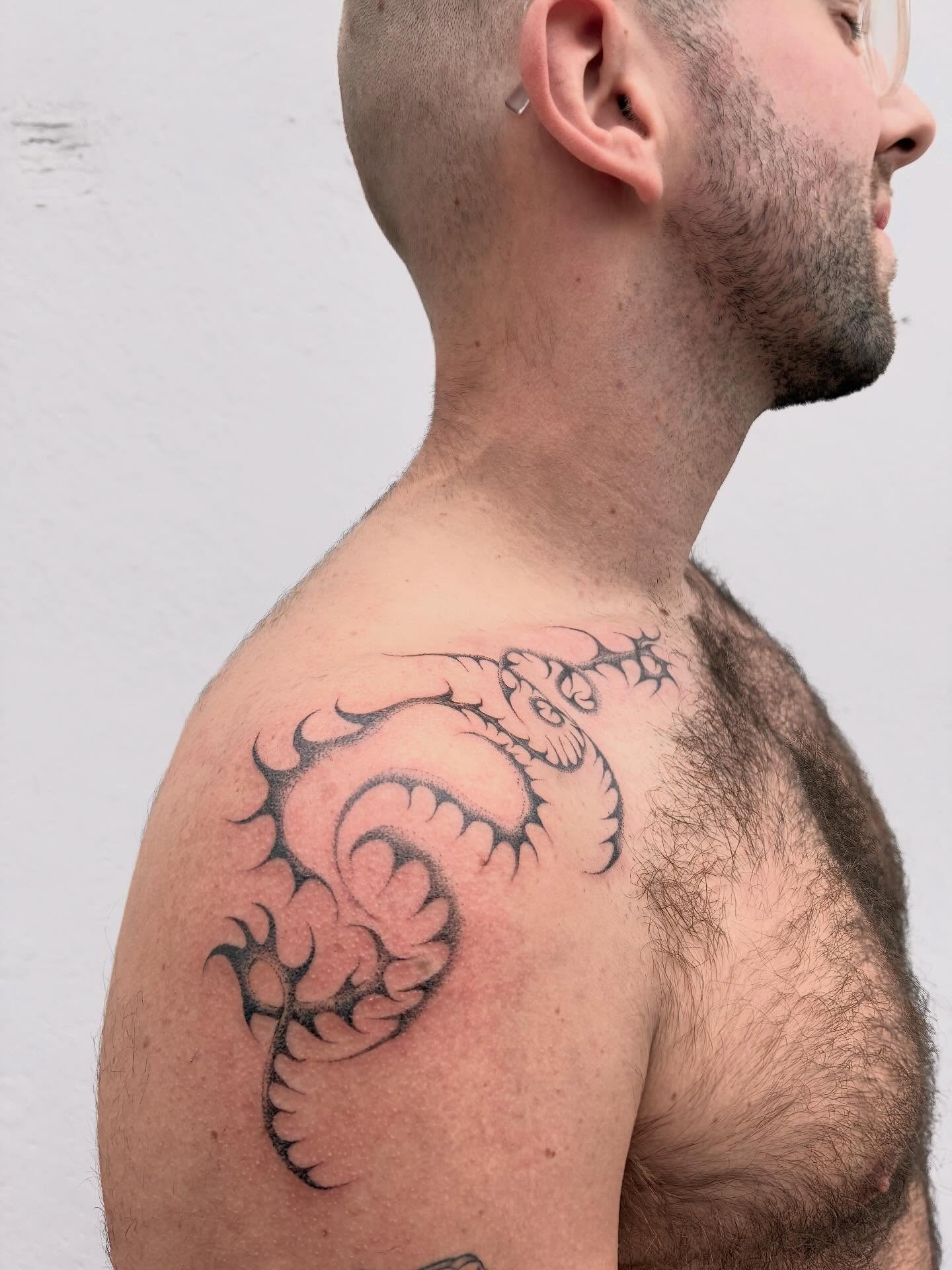 Dragon black and grey tattoo on the shoulder by ∘≁≀Gæish∀ ⍕ ◯⊂ⅇl⌾tl≀≁∘