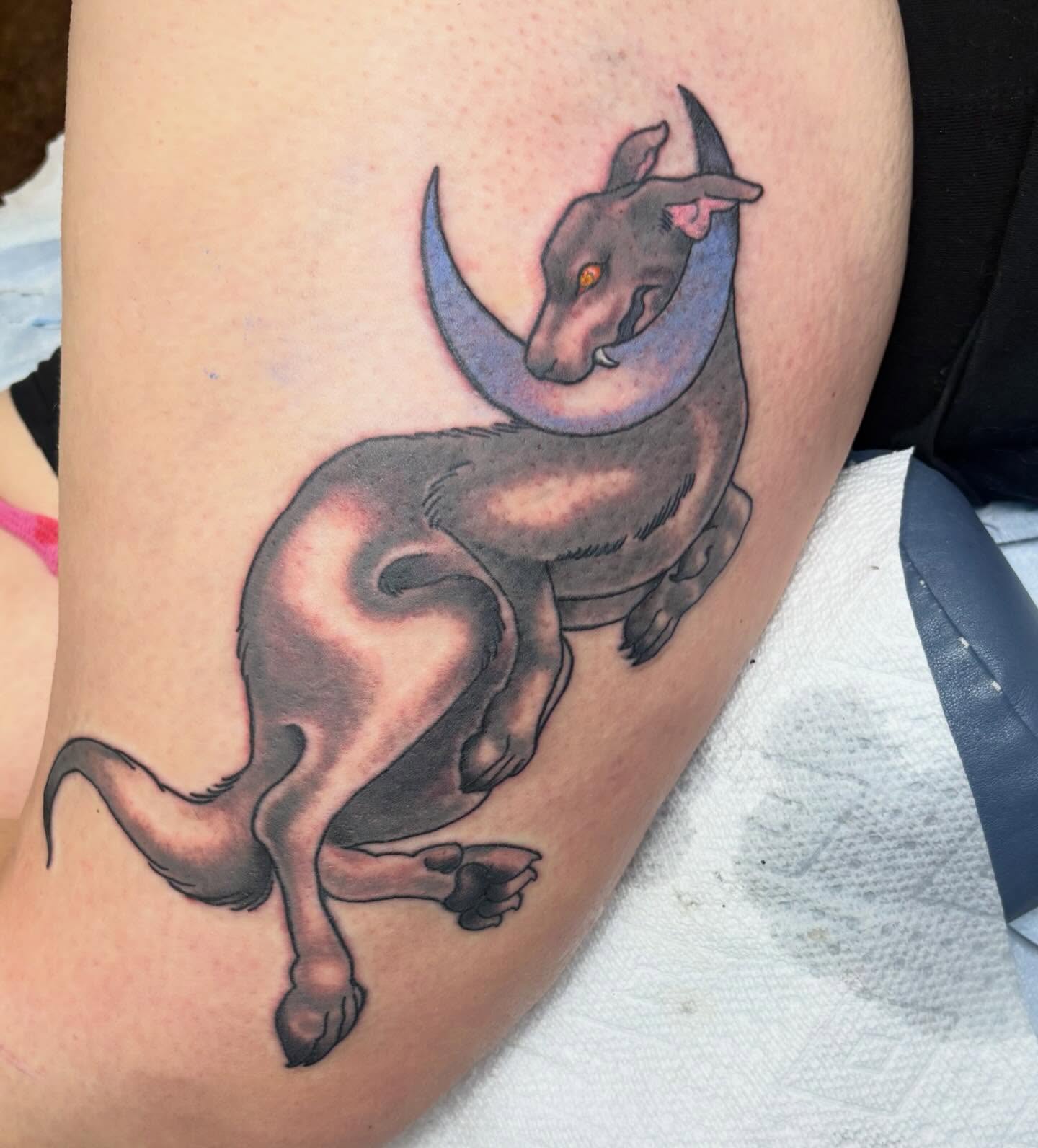 Goat black and grey tattoo on the thigh by Gabby, Kansas City, Missouri