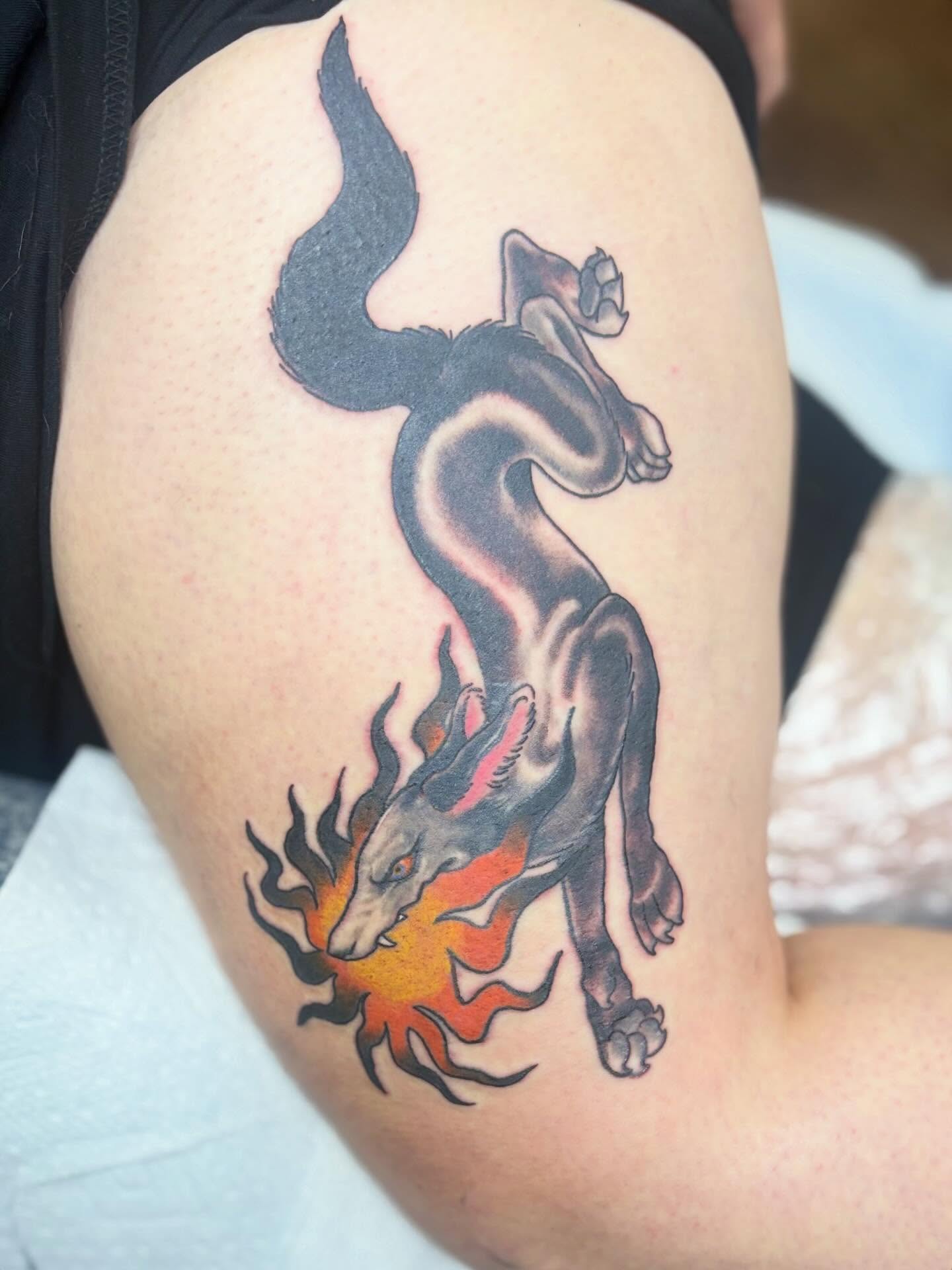 Fox with flames japanese irezumi tattoo on the thigh by Gabby, Kansas City, Missouri