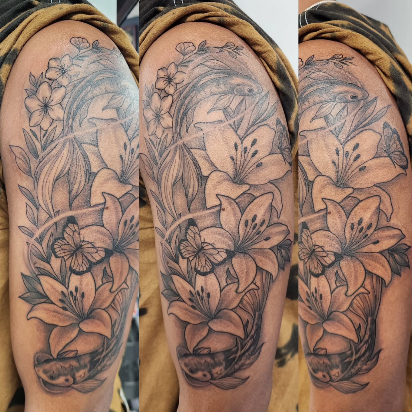 Lilies and fish realism tattoo on the forearm by Jason August