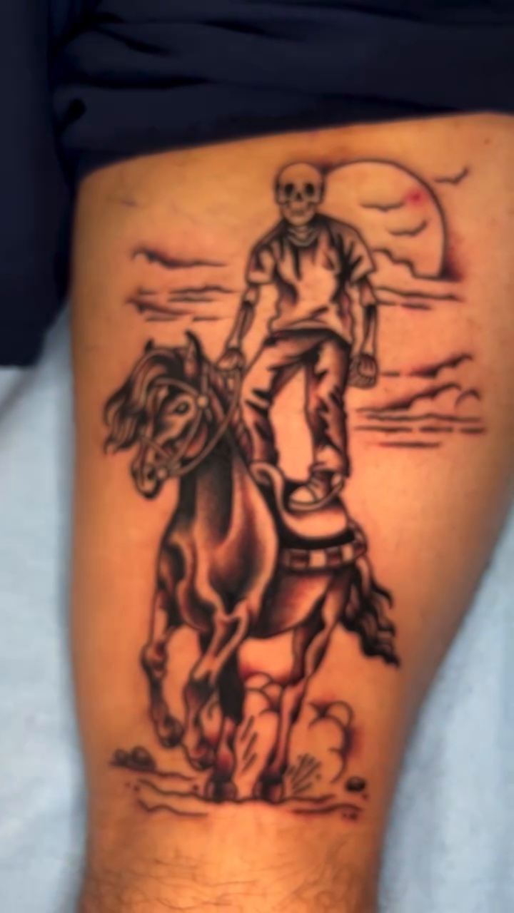 Skeleton rider on horse realism tattoo on the leg by Olivia Marie