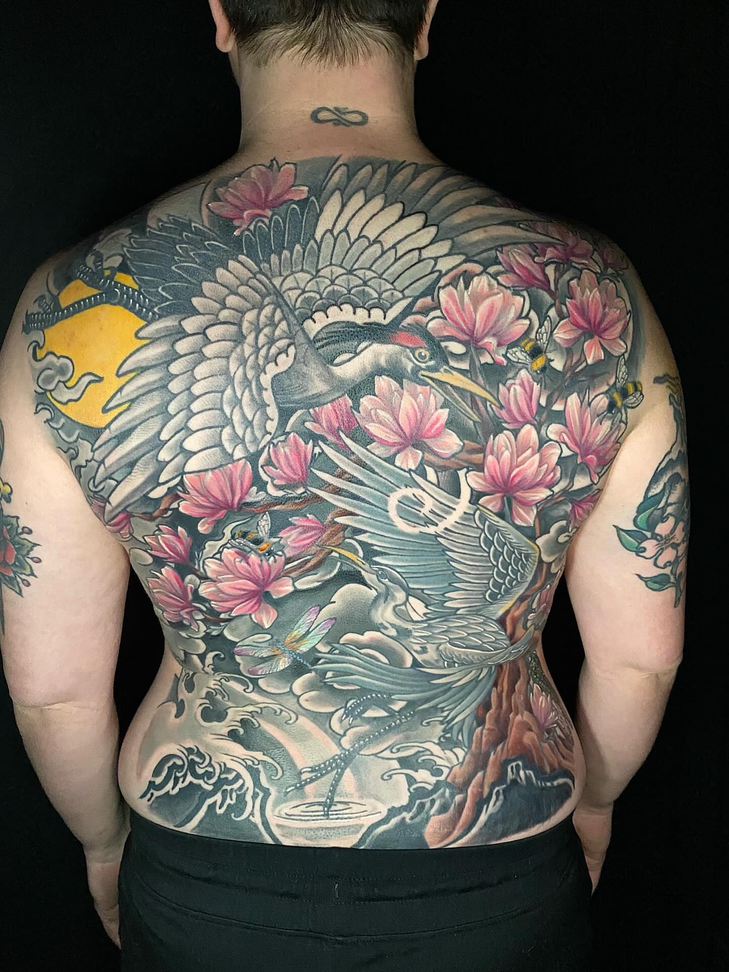 Cranes and blossoms japanese irezumi tattoo on the back by Josh St.germain