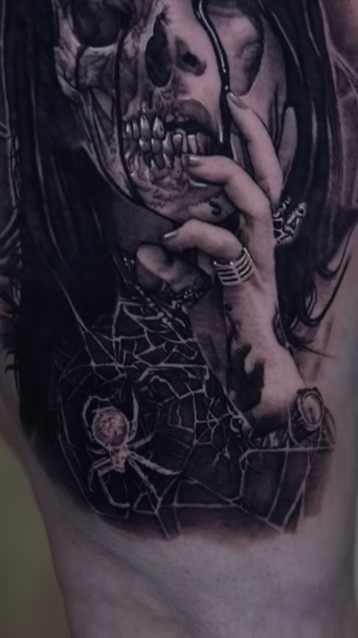 Skull woman with spiders dark realism tattoo by Ryan Gage Gonzalez