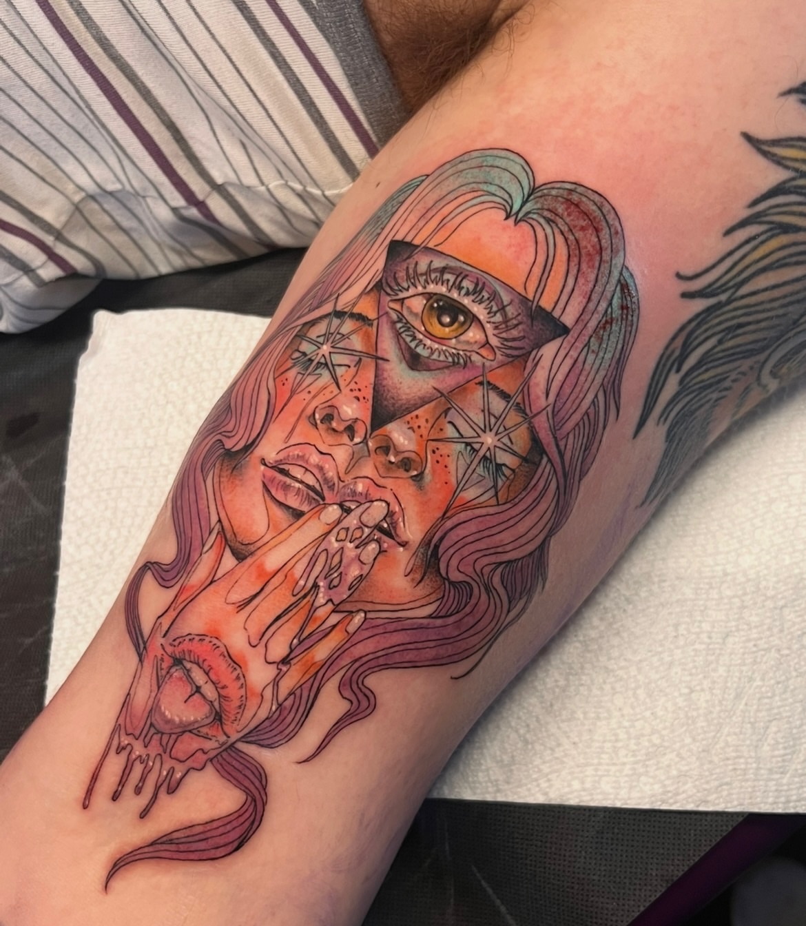 Smoking woman realism tattoo on the forearm by Andrea Patterson