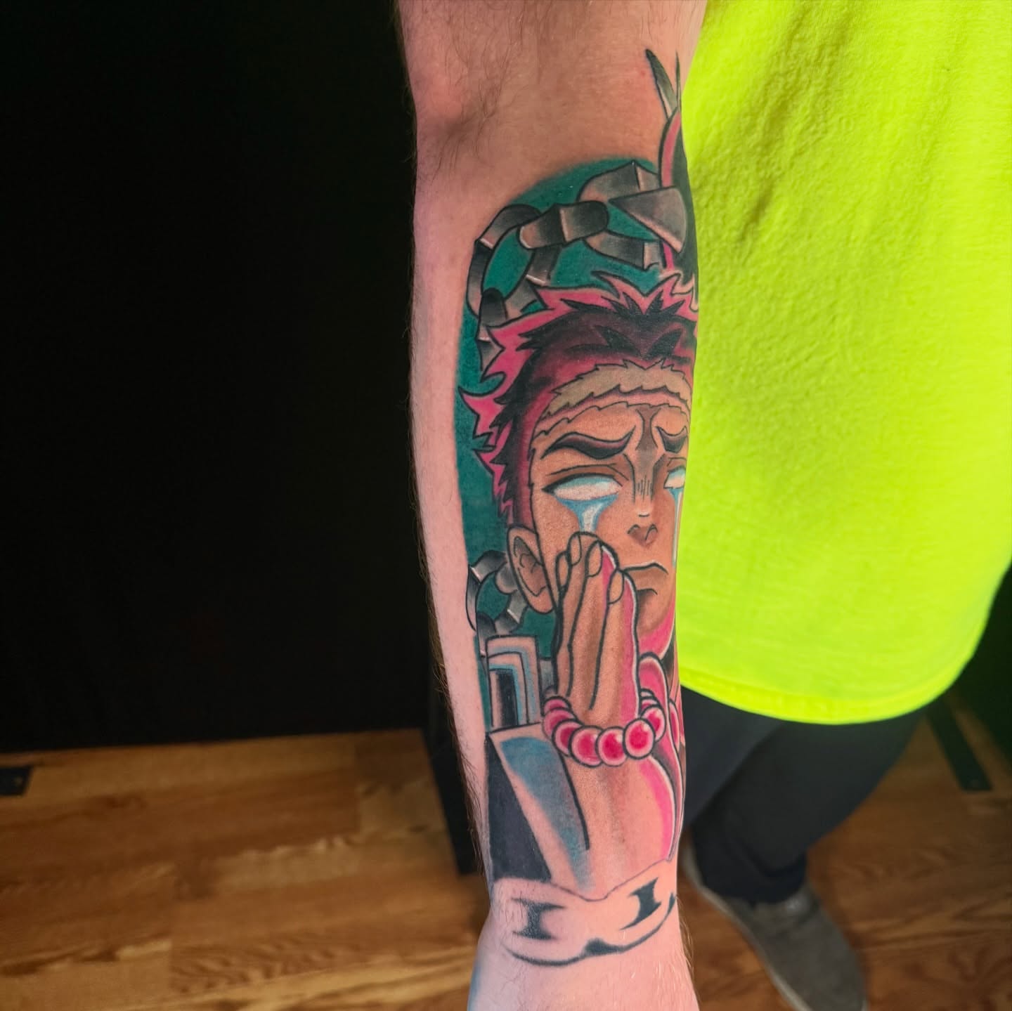 Praying figure neo-traditional tattoo on the forearm by joshua sides