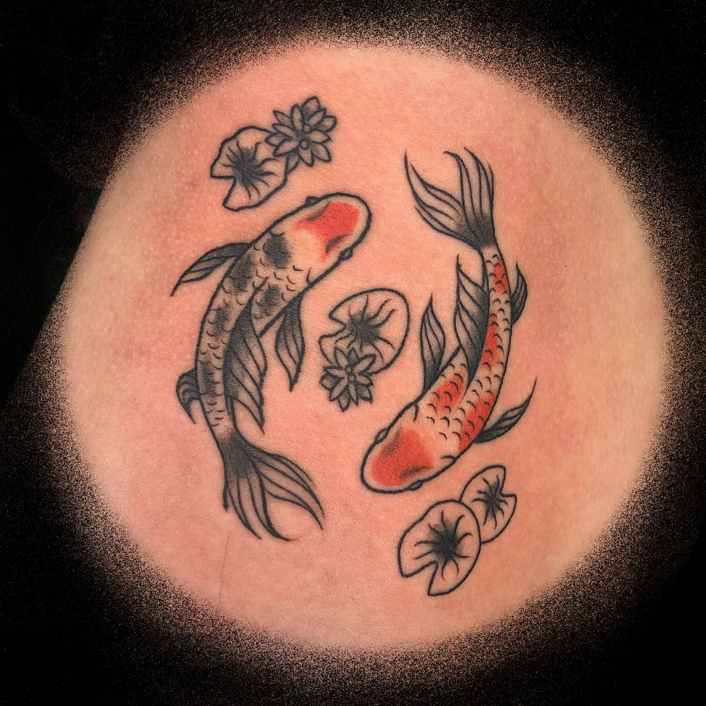 Koi fish and lotus japanese irezumi tattoo on the torso by maddie mcghee, Memphis, Tennessee