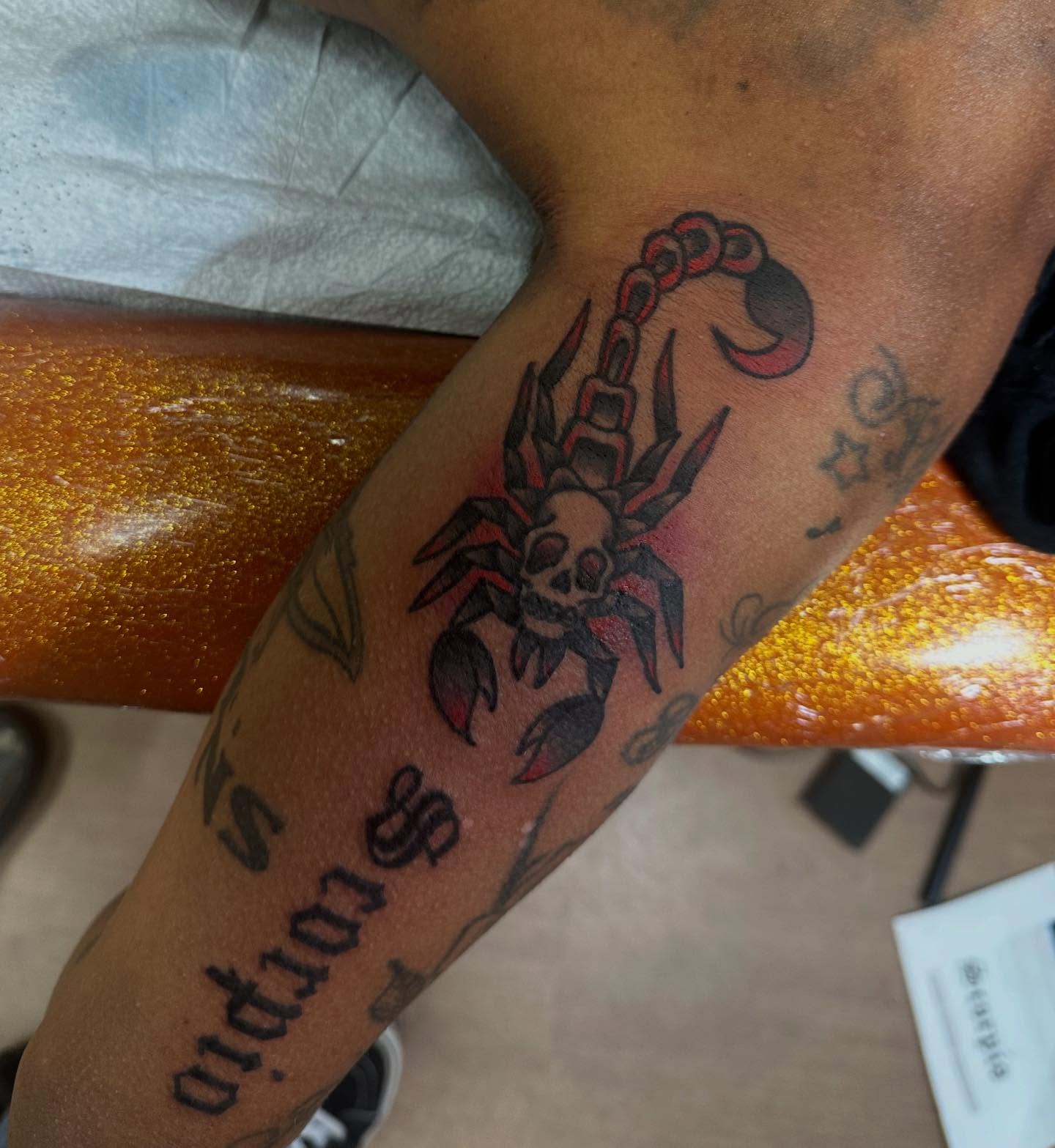 Scorpion American traditional tattoo on the forearm by norawillstattoo