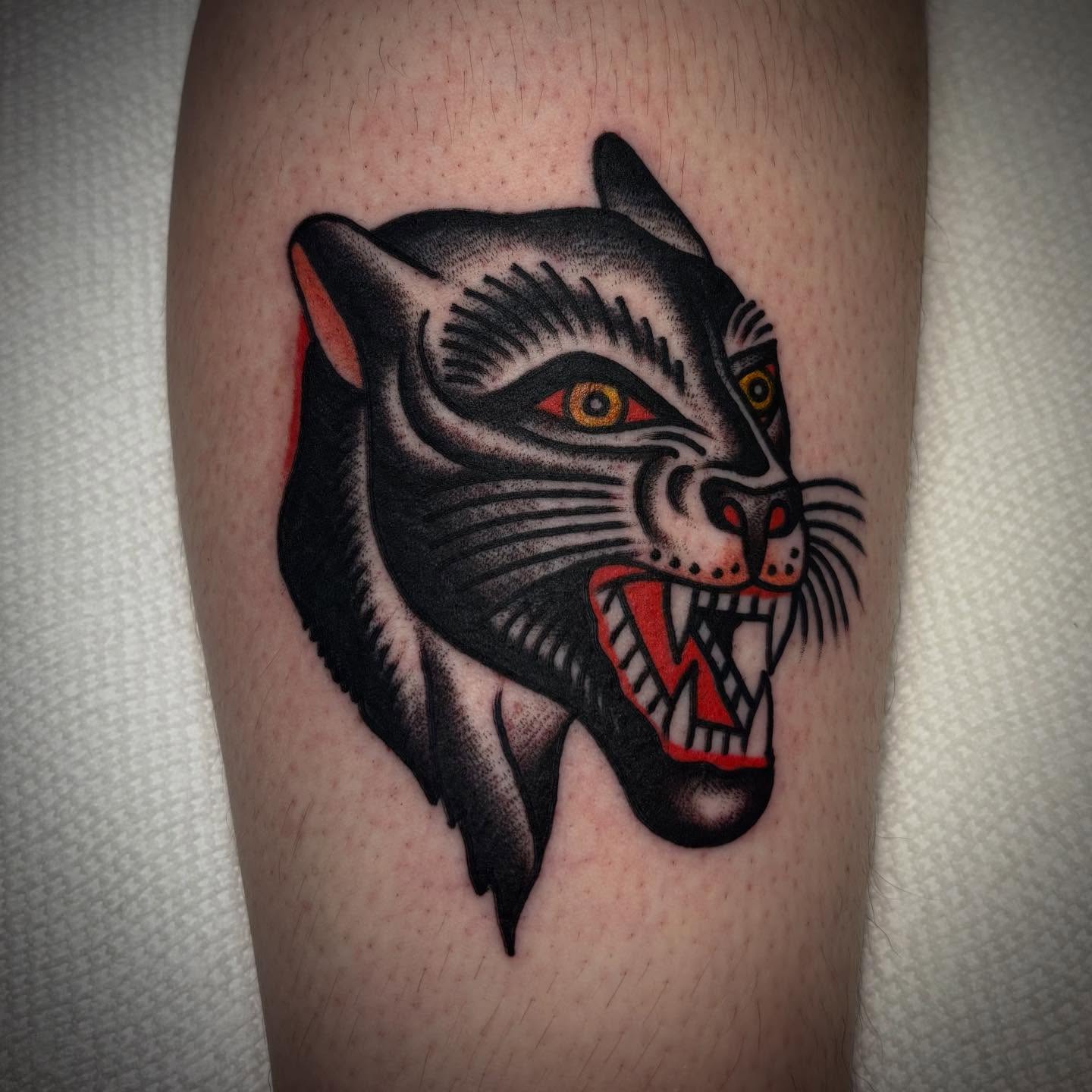 Cat head American traditional tattoo on the forearm by Danny DiBlasi, San Francisco, California
