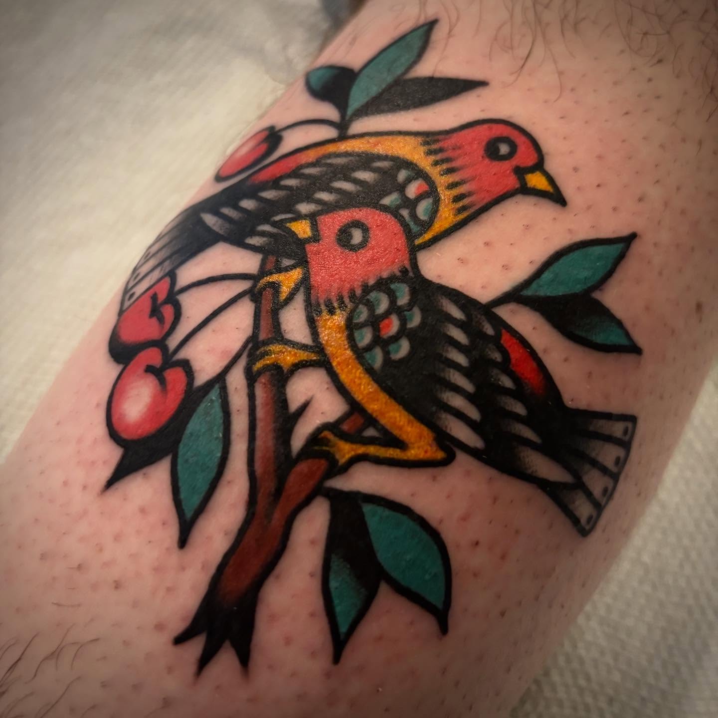 Bird and cherry blossoms American traditional tattoo on the forearm by Danny DiBlasi, San Francisco, California