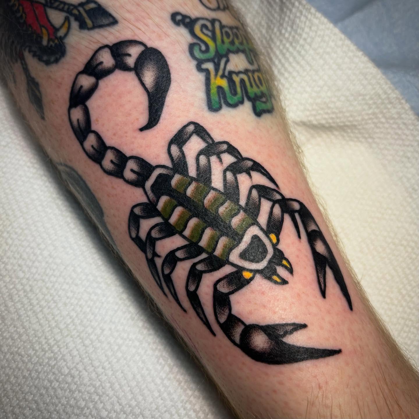 Scorpion American traditional tattoo on the forearm by Danny DiBlasi, San Francisco, California