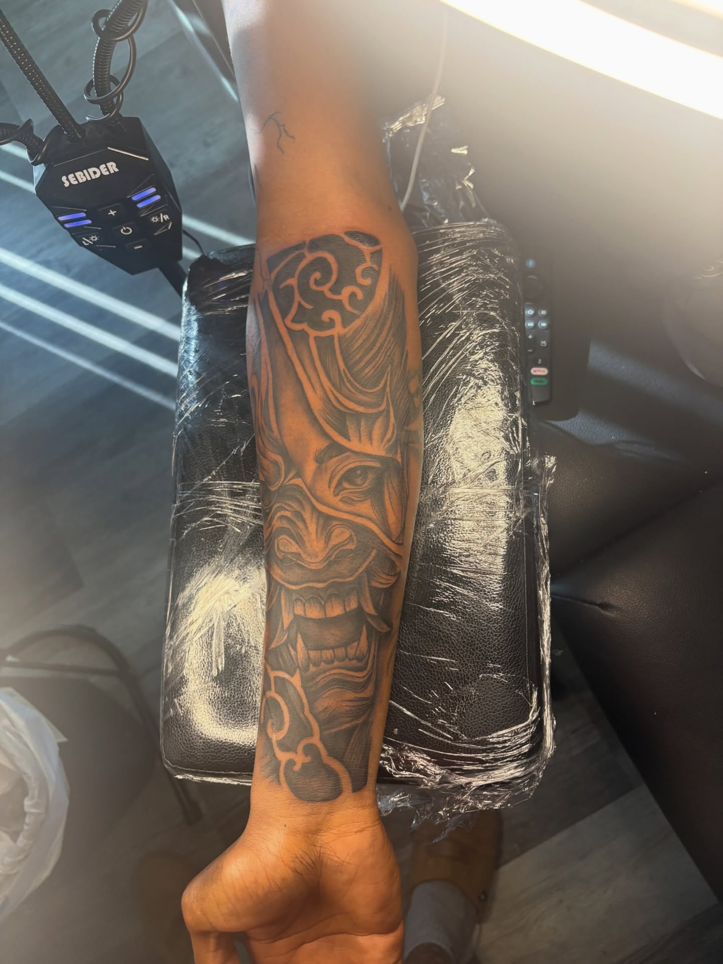 Japanese mask japanese irezumi tattoo on the forearm by Maleek Inkz