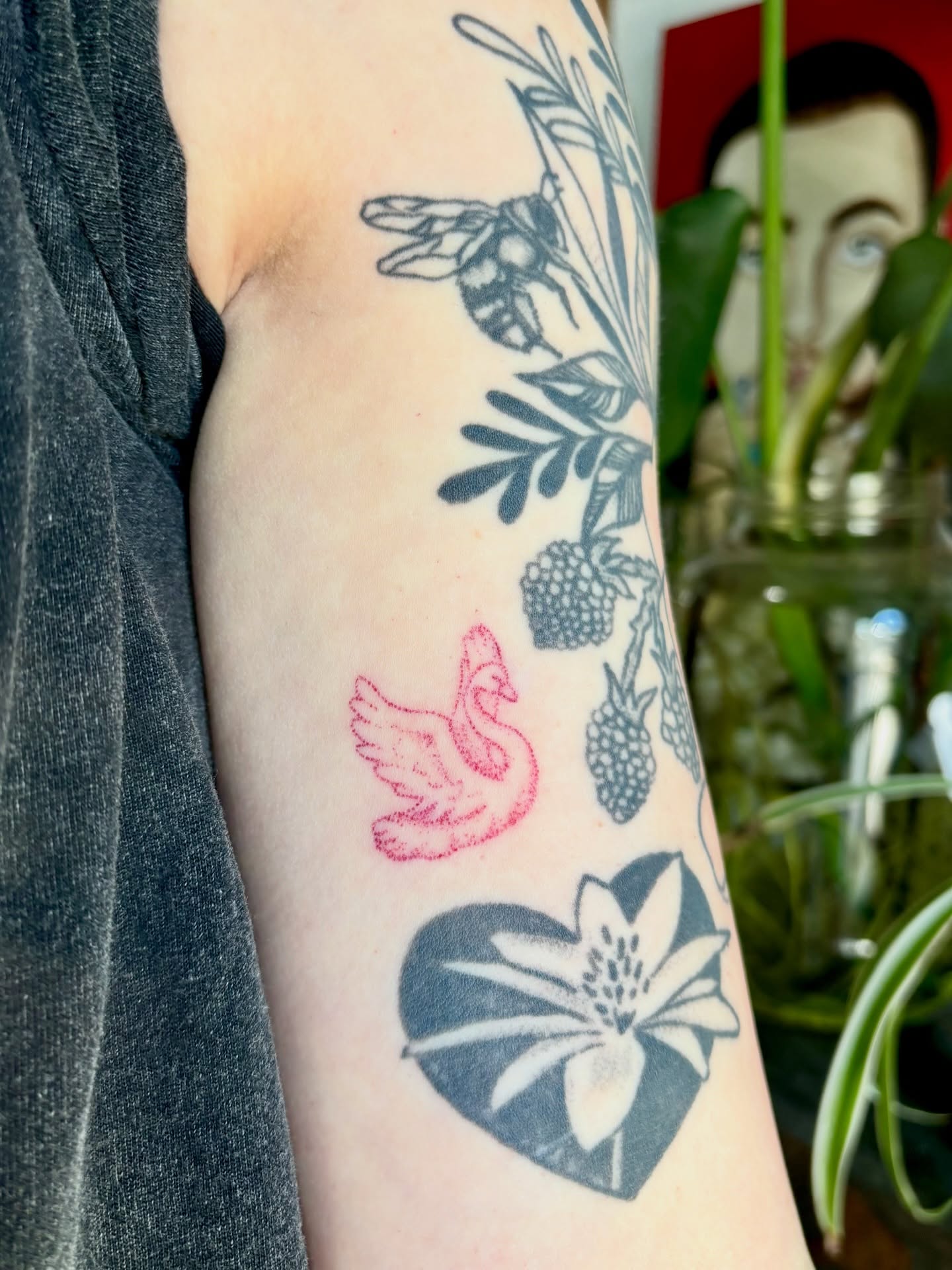 Floral and bird dotwork tattoo on the forearm by Ashley, Elk Horn, Iowa