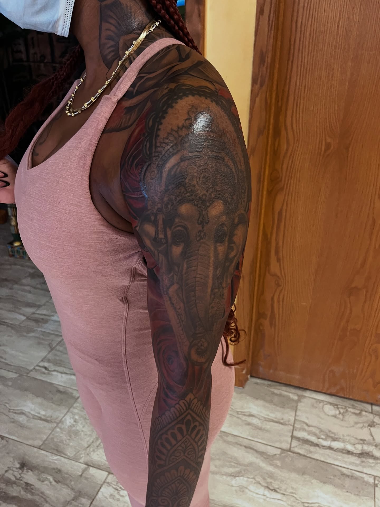 Elephant realism tattoo on the upper arm by Quinten Harper