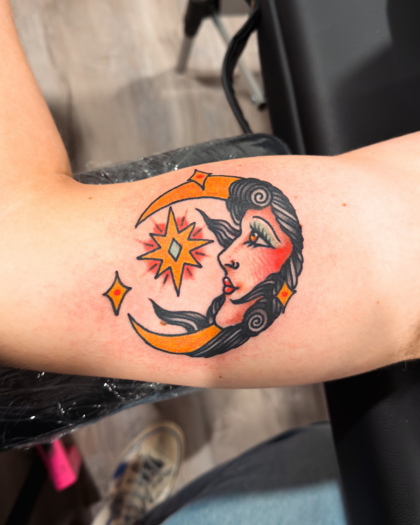 Moon and woman American traditional tattoo on the forearm by Jimmy Kelley