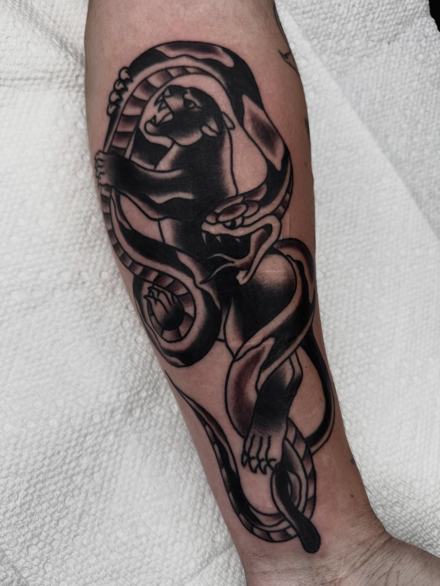 Snake and woman American traditional tattoo on the forearm by Drew🕸️, Phoenix, Arizona