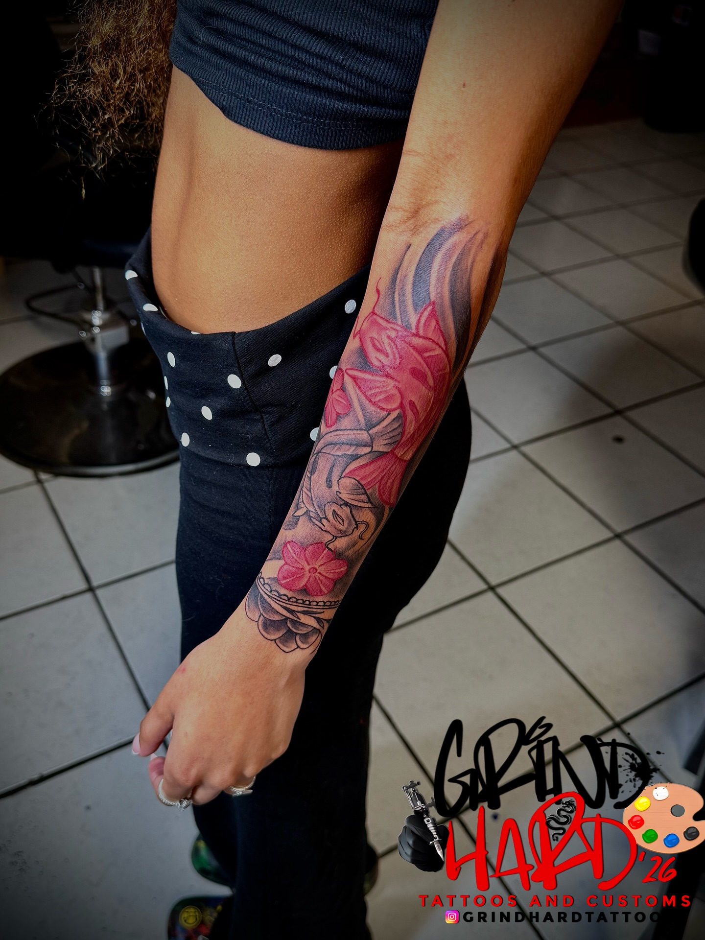 Lotus flower dotwork tattoo on the forearm by GrindHard Quen