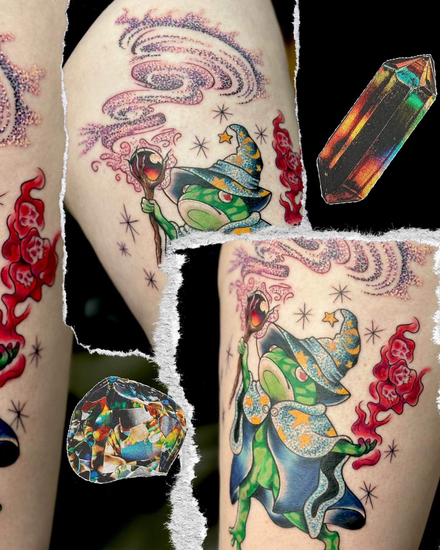 Wizard casting spell dotwork tattoo on the thigh by Serenity Mullins