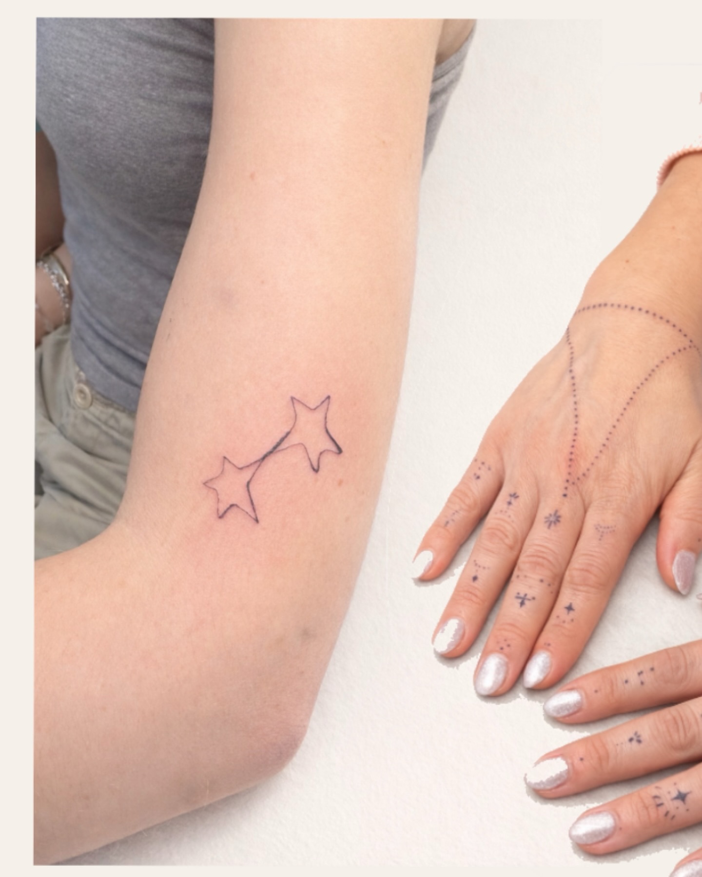 Stars fine line tattoo on the forearm by Nicole