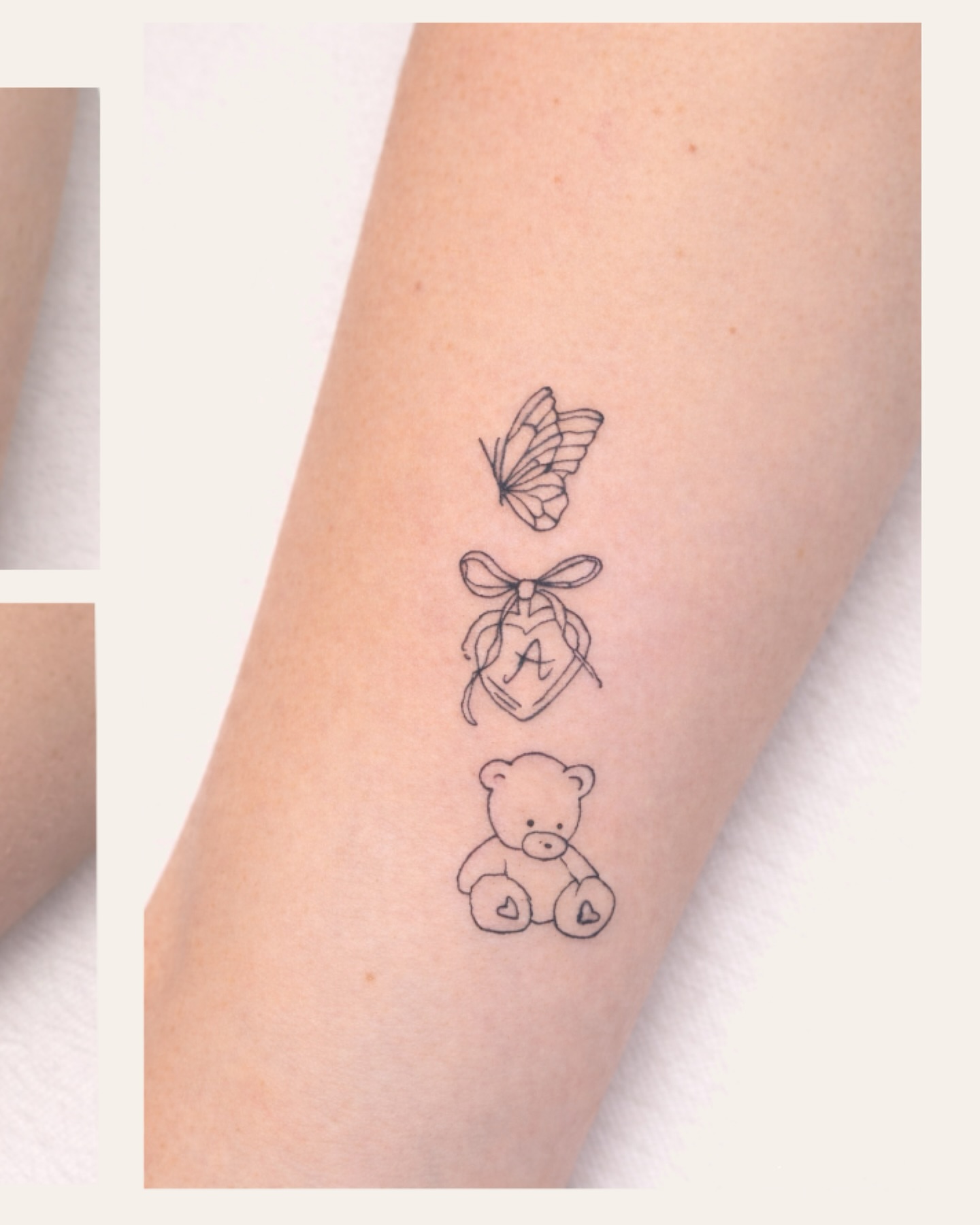 Teddy bear, heart, butterfly minimalist tattoo on the forearm by Nicole