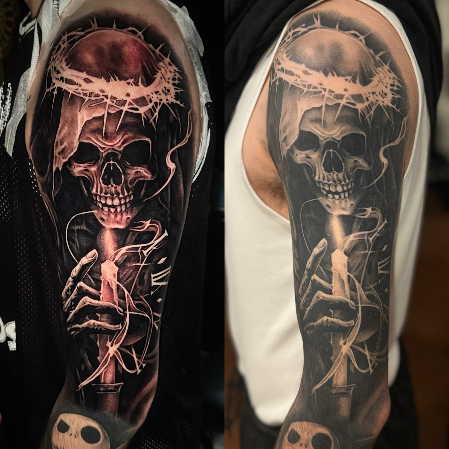 Skull with crown of thorns dark realism tattoo on the upper arm by Julio Ferrer