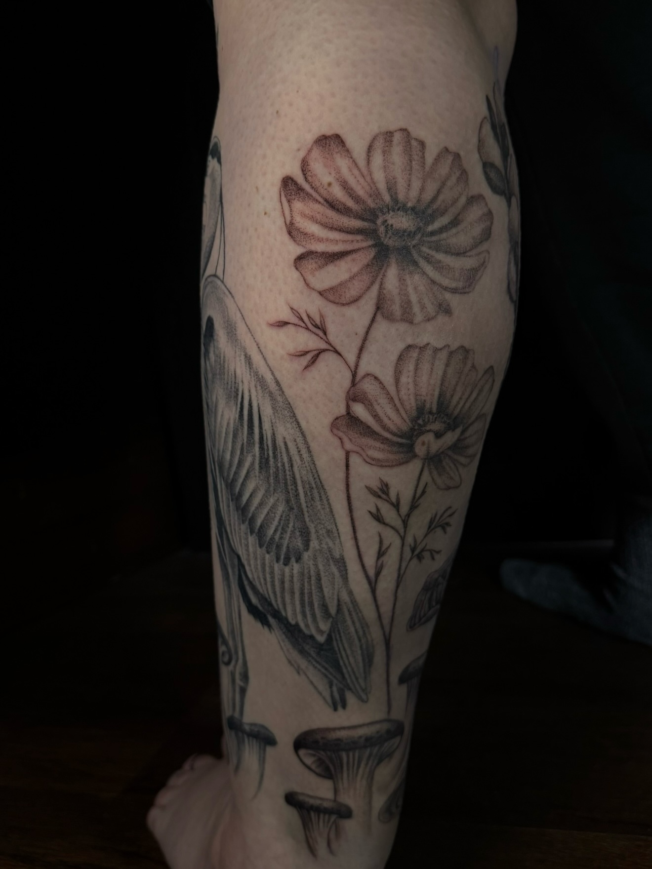 Flowers and bird black and grey tattoo on the forearm by Alyssa Fazzino ⟡ CT Tattoo Artist, Rocky Hill, Connecticut