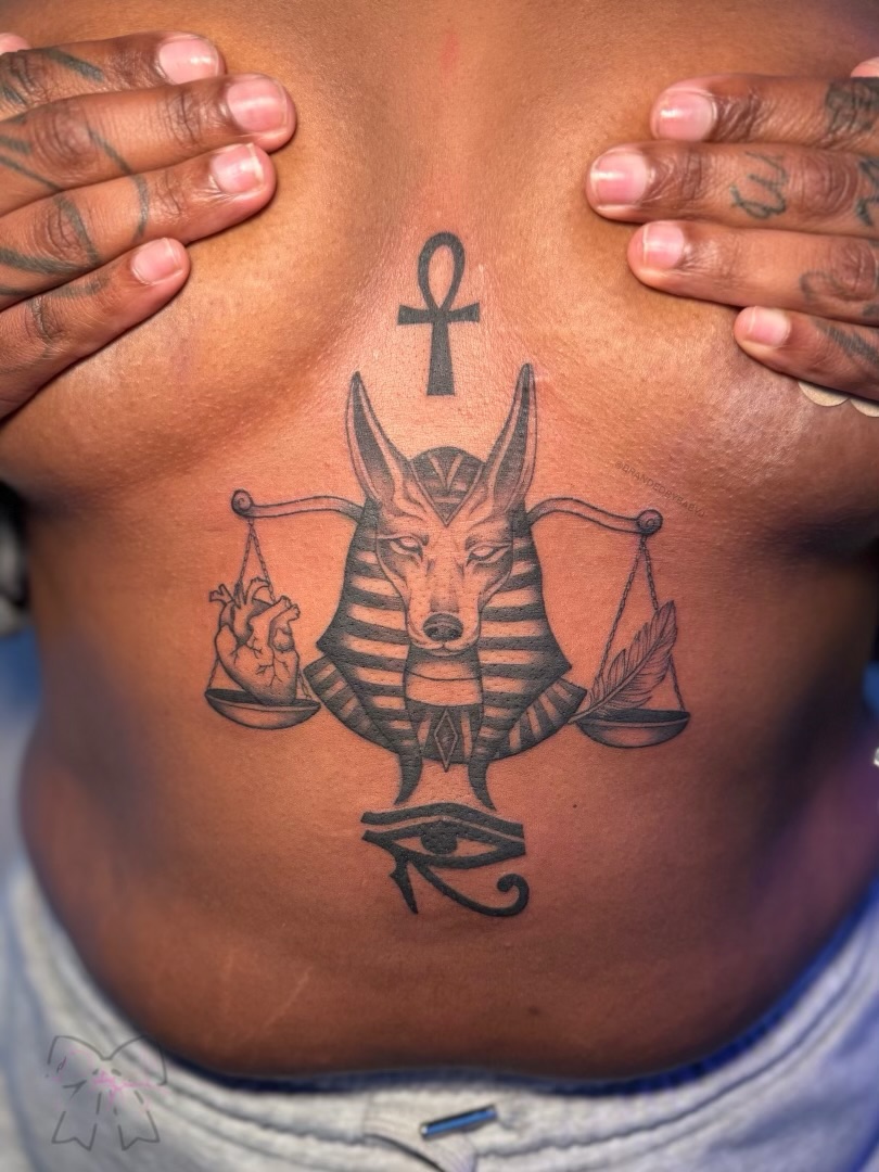 Ancient egyptian deity black and grey tattoo on the chest by 𝔹𝔸𝔹𝕐 𝕁 ♡, Cincinnati, Ohio