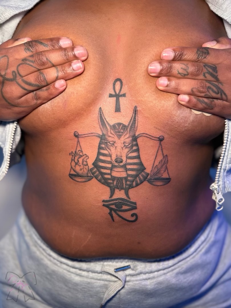Ancient egyptian deity black and grey tattoo on the back by 𝔹𝔸𝔹𝕐 𝕁 ♡, Cincinnati, Ohio