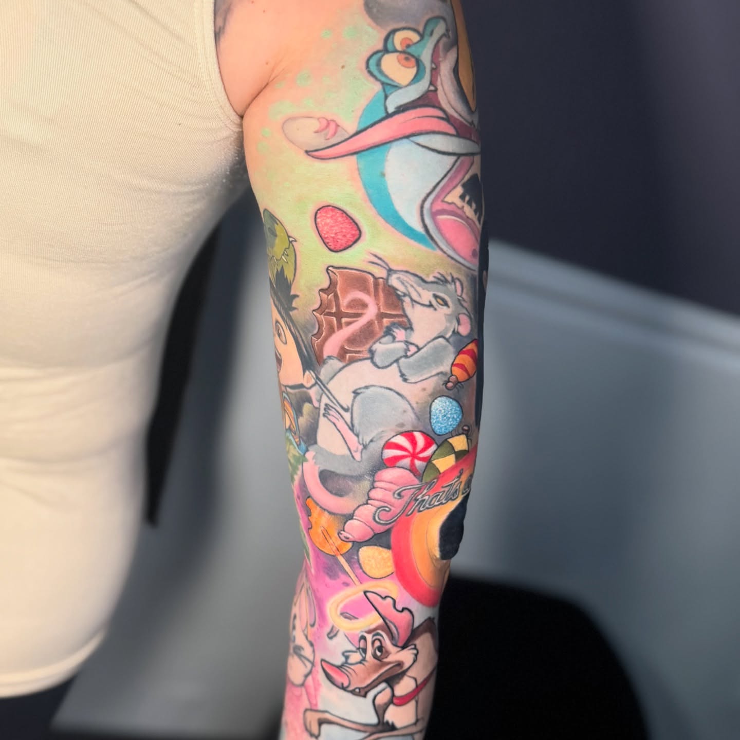 Cartoon characters American traditional tattoo on the forearm by Steve Gentile Tattoos