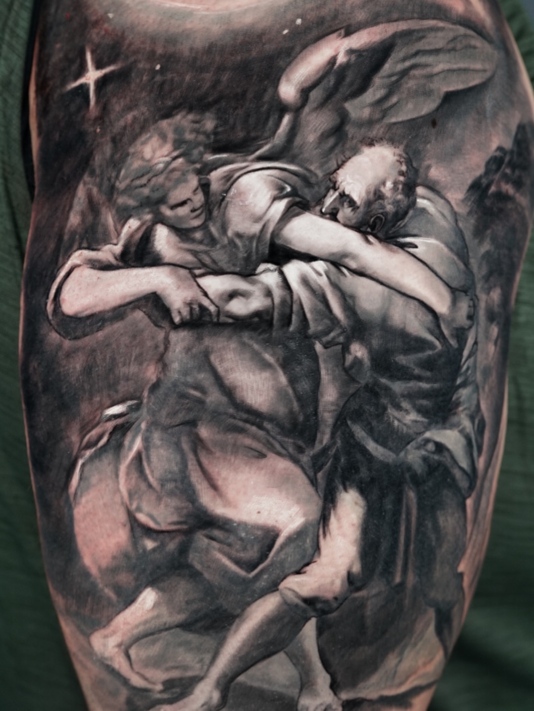 Religious scene realism tattoo on the forearm by Jose Carlos