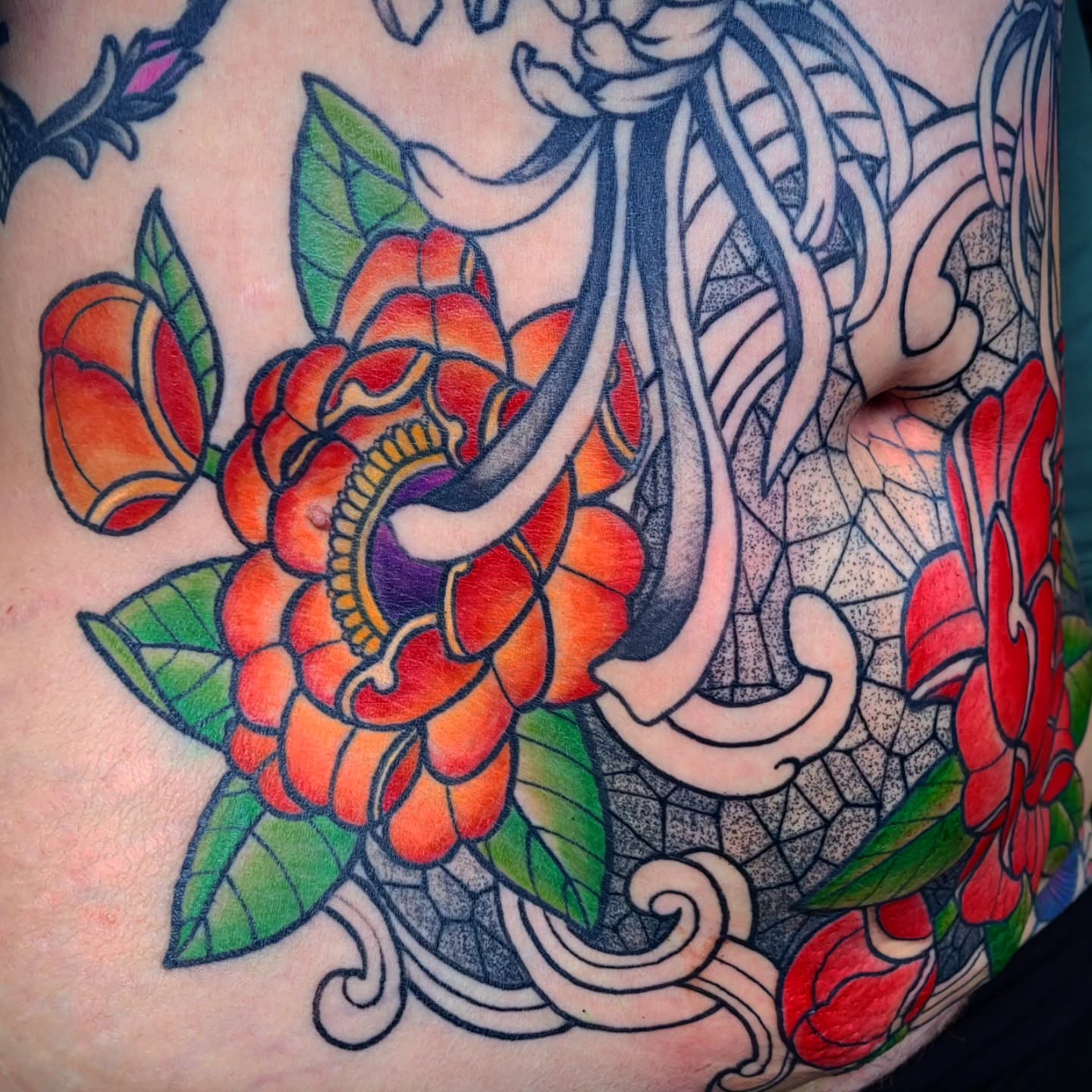 Peony American traditional tattoo on the thigh by Ashley Thomas, Midvale, Utah