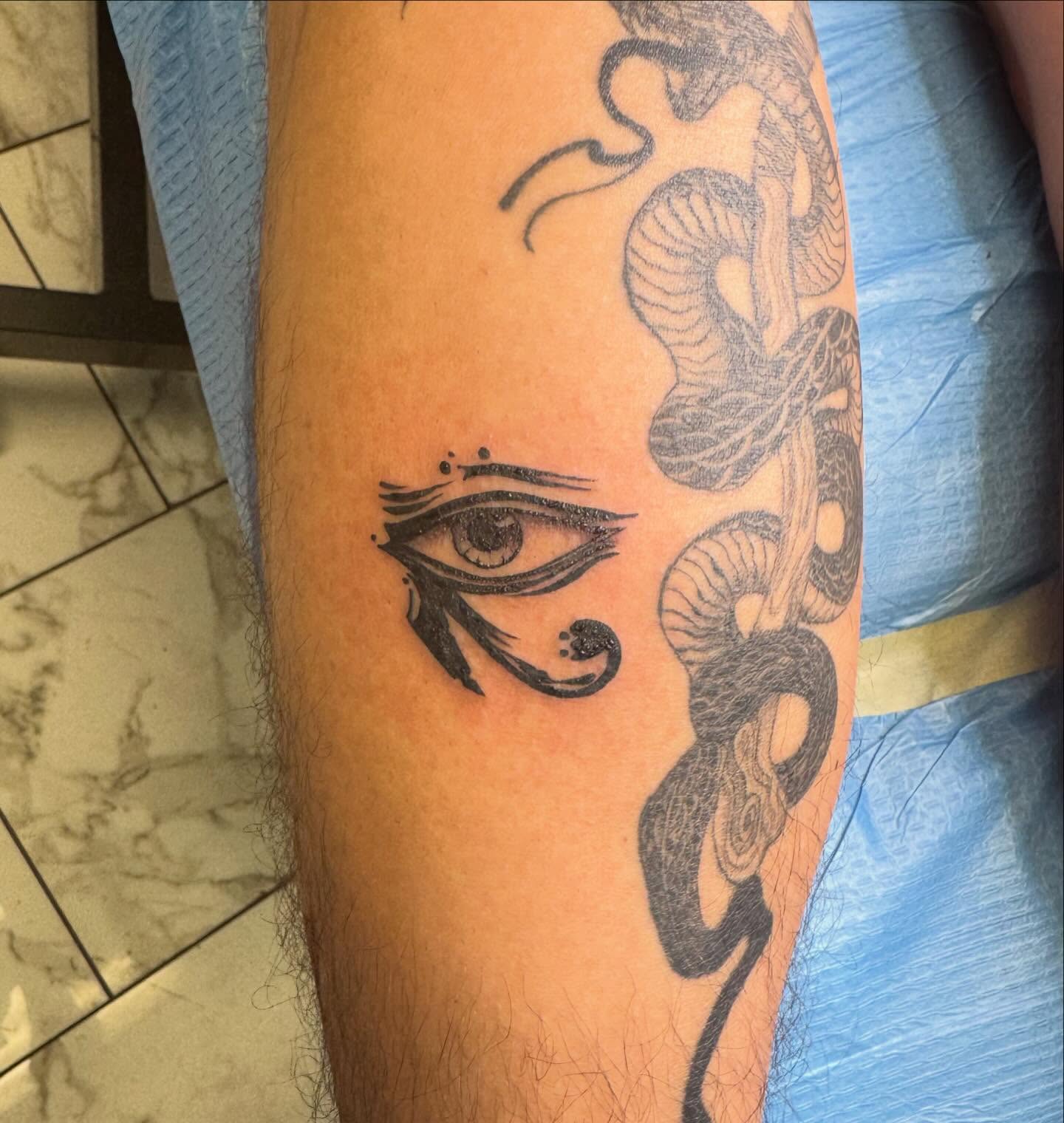 Eye and snake black and grey tattoo on the forearm by linda perez