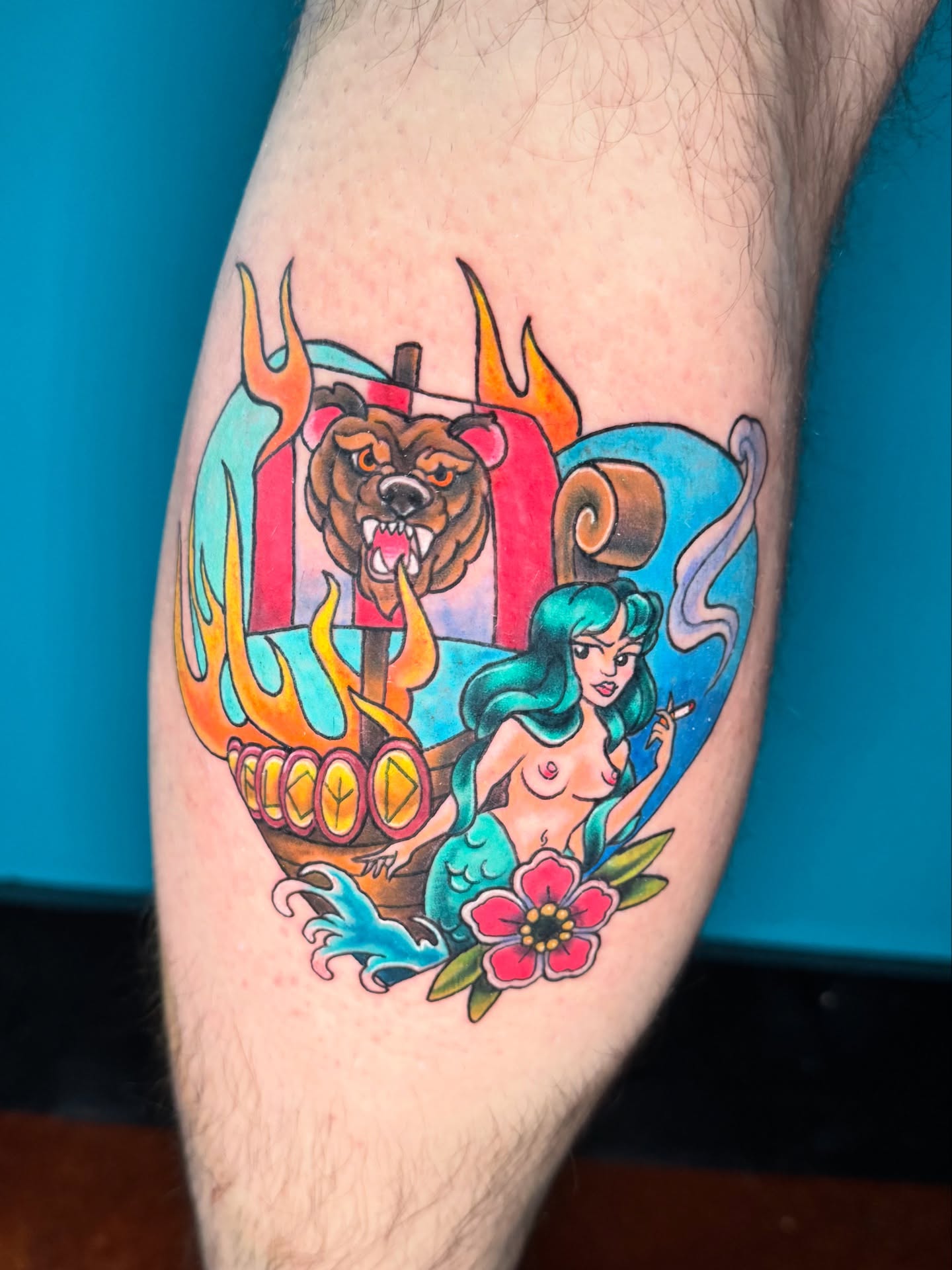 Mermaid and bear American traditional tattoo on the forearm by Breanna B