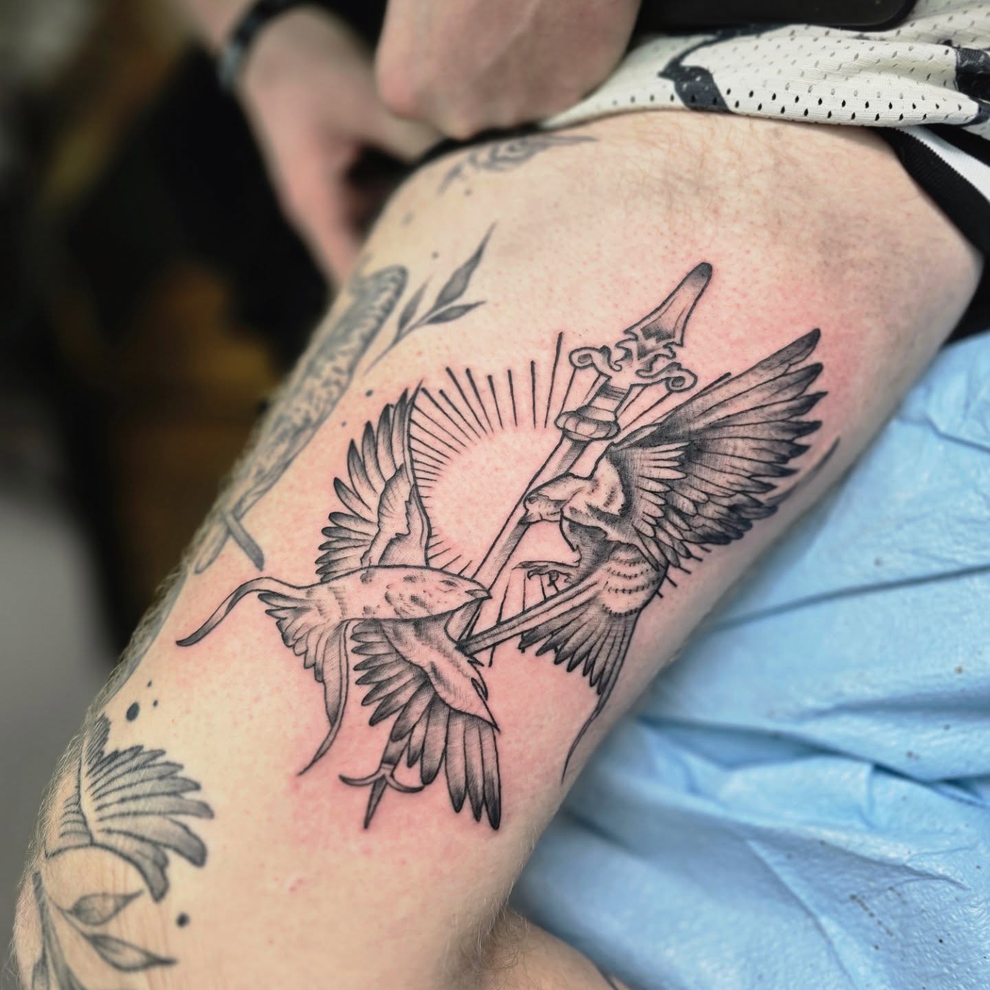 Angel with sword realism tattoo on the thigh by Jon Griffin, Maryville, Tennessee