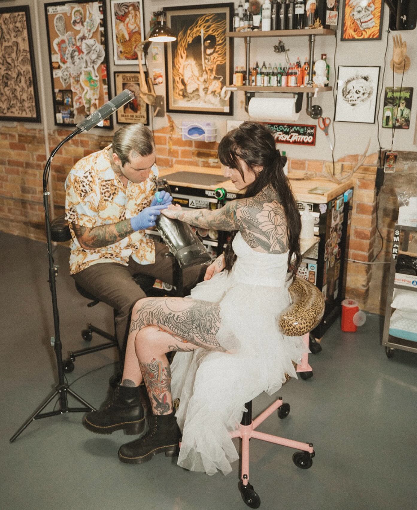 Floral design American traditional tattoo on the thigh by Kat Fishbein