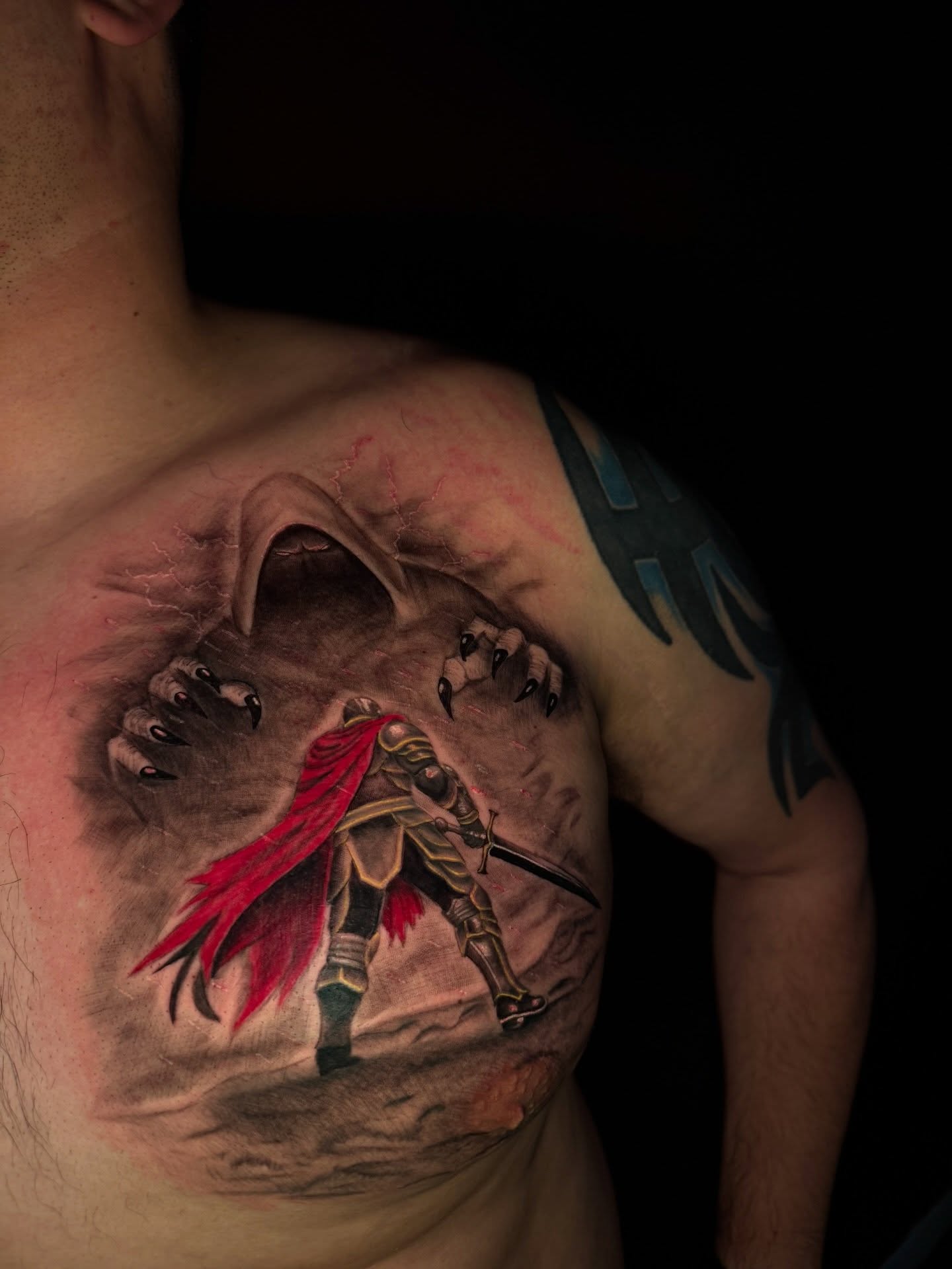 Warrior and dragon realism tattoo on the chest by Austin Tattoo Artist💉