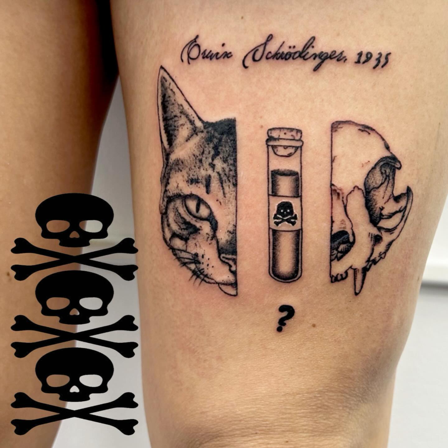 Cat, test tube, skull realism tattoo on the thigh by Lip™