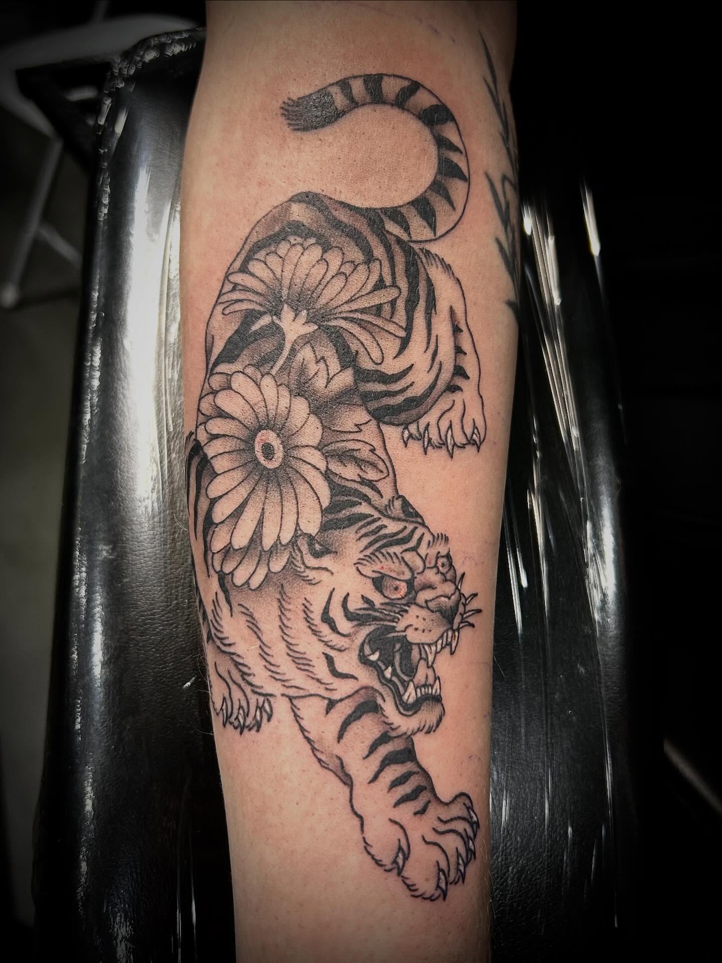 Tiger and flowers black and grey tattoo on the forearm by Pᴇɪɢʜᴛᴏɴ "Fʟᴀsʜ", Phoenix, Arizona