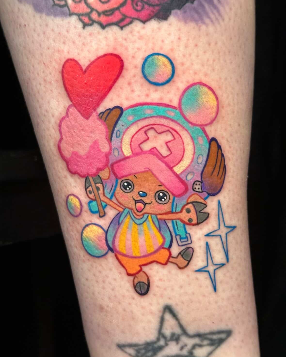 Chibi character with heart new school tattoo on the forearm by Dustin Hughes