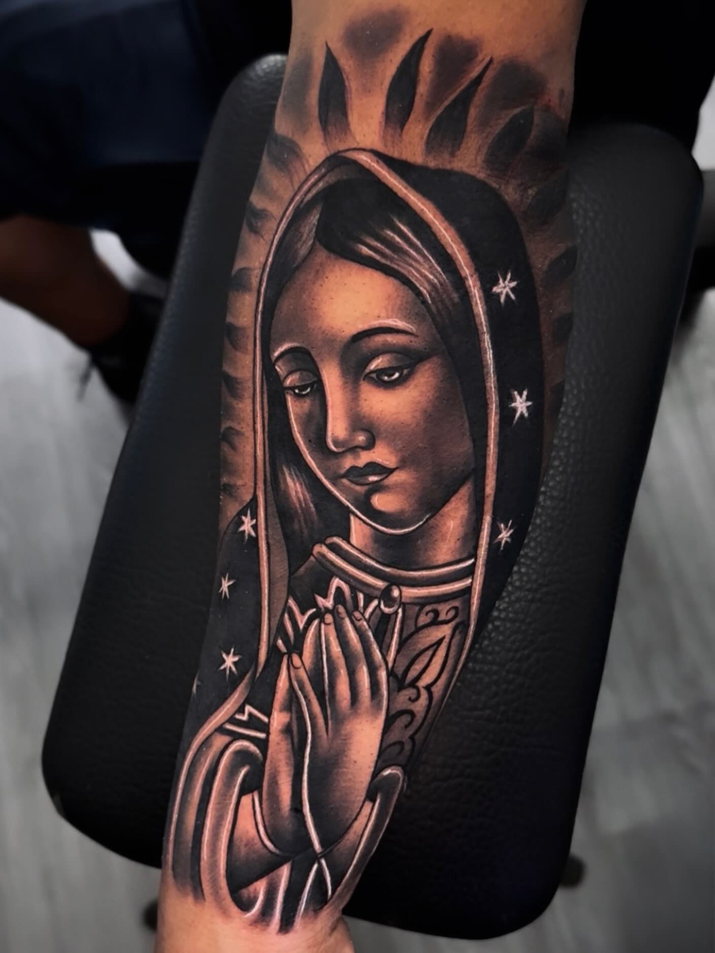 Religious figure praying realism tattoo on the forearm by ⚜️Alex Alvarez⚜️