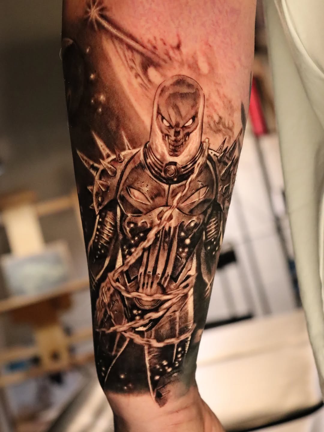 Ghost Rider character realism tattoo on the forearm by Miami Florida Tattoo Artist