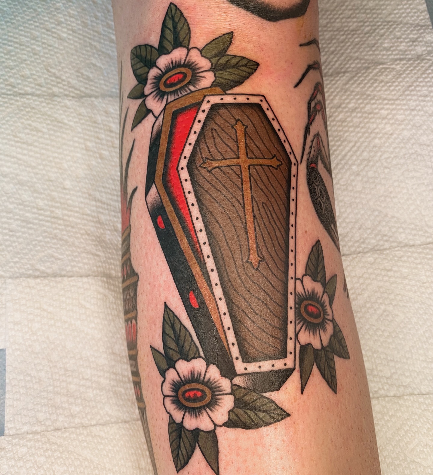 Coffin and cross American traditional tattoo on the forearm by Will Allan Columbus tattoo artist