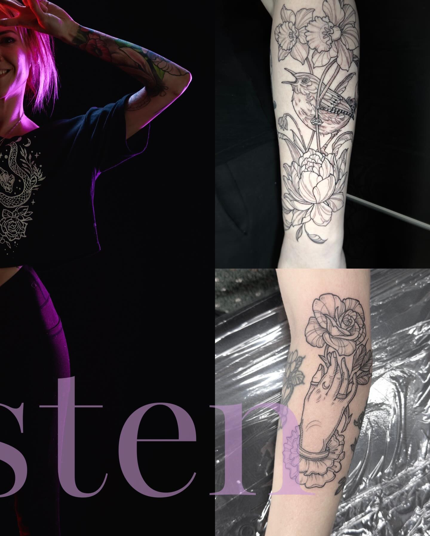 Bird and flowers black and grey tattoo on the forearm by Kirsten Marsden Ballantyne