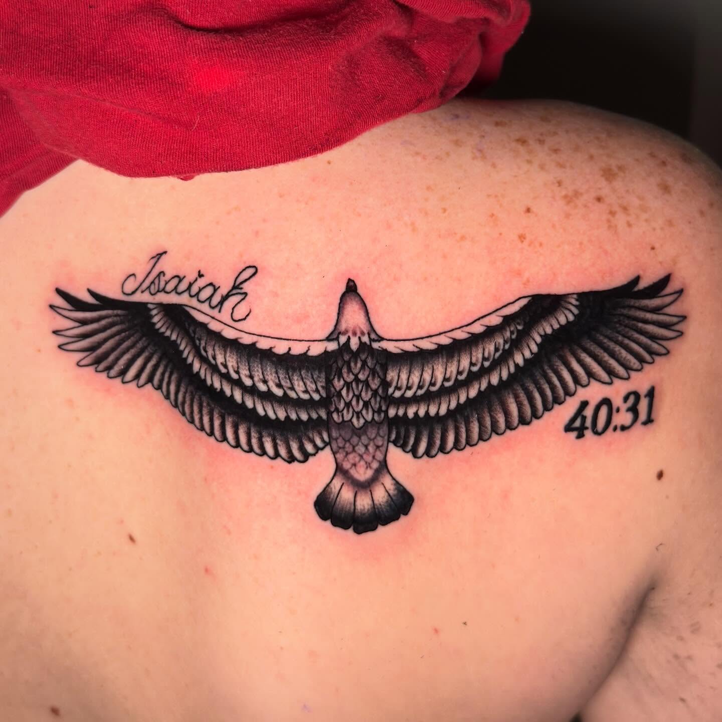 Eagle black and grey tattoo on the shoulder by 𝐬𝐚𝐬𝐡𝐚 𝐯𝐚𝐧𝐝𝐚𝐥, Nashville, Tennessee