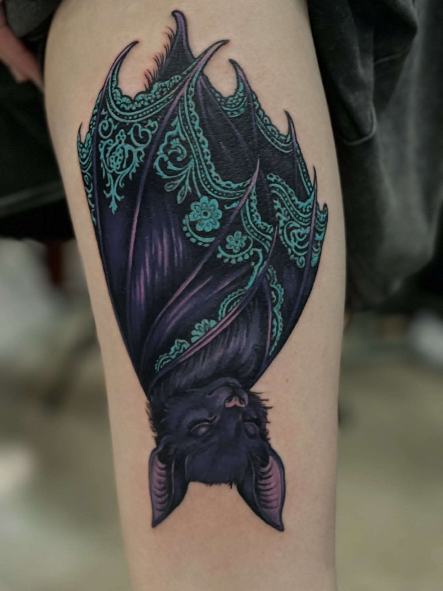 Bat dark realism tattoo on the thigh by Dale Callahan, Olympia, Washington