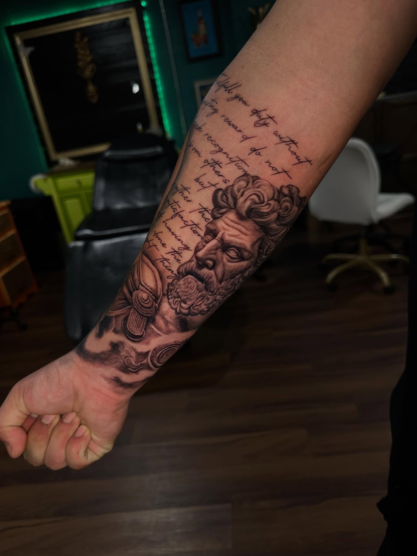 Ancient man realism tattoo on the forearm by Mario Flores Tattoo